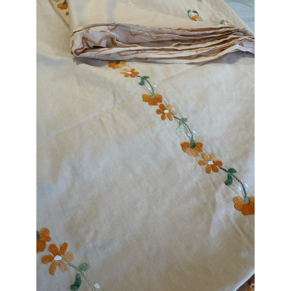 Vintage Handmade Embroidered Cotton Bedspread Coverlet 81.5x92 w/ 2 Pillowcases
